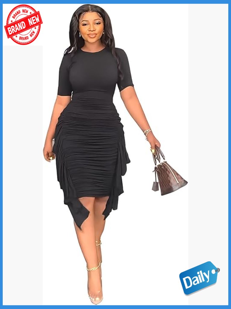 Ruched Bodycon Midi Dress With Short Sleeves And Side Ruffle